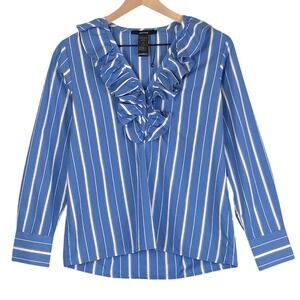 NWT SMYTHE Deep V Ruffle Neck Cotton Blouse Sz S French Blue Made in Portugal